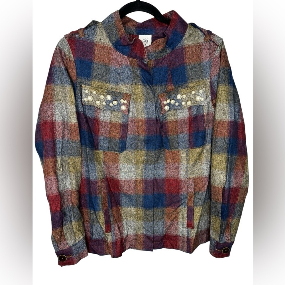 Cabi Plaid Pearl Shacket Jacket Zip Up Long Sleeve Size Medium Cotton Cabincore